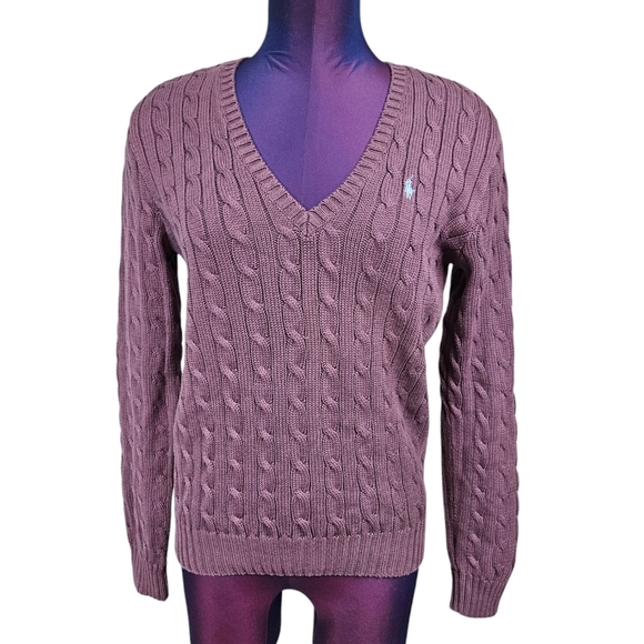 Ralph Lauren Sport Purple‎ V-Neck Cable Knit Sweater Size Large Women's - Picture 1 of 8